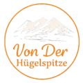 Orange circular logo featuring a mountain landscape with the text "Von Der Hügelspitze"